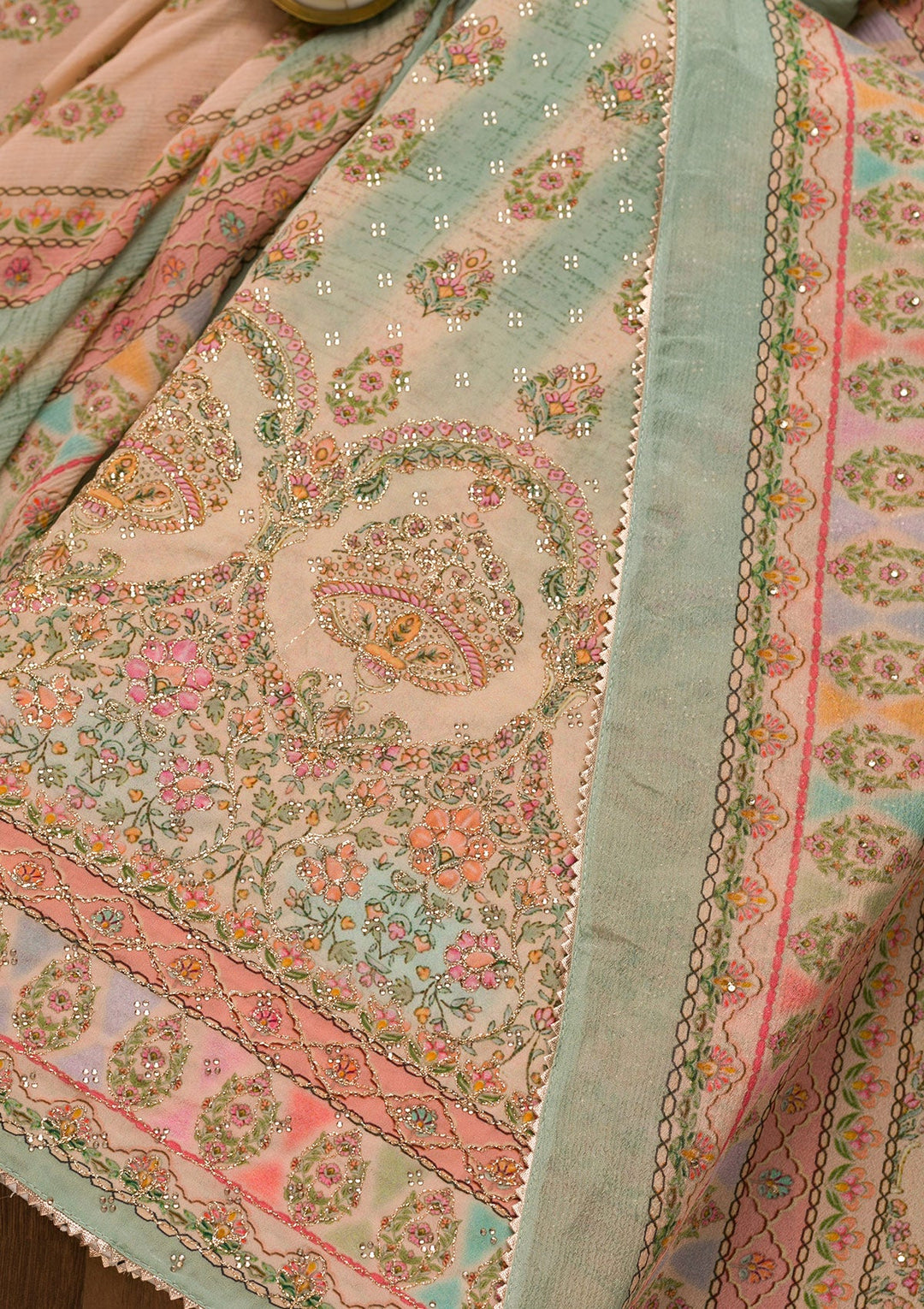 Pista Green Printed Crepe Unstitched Salwar Suit-Koskii