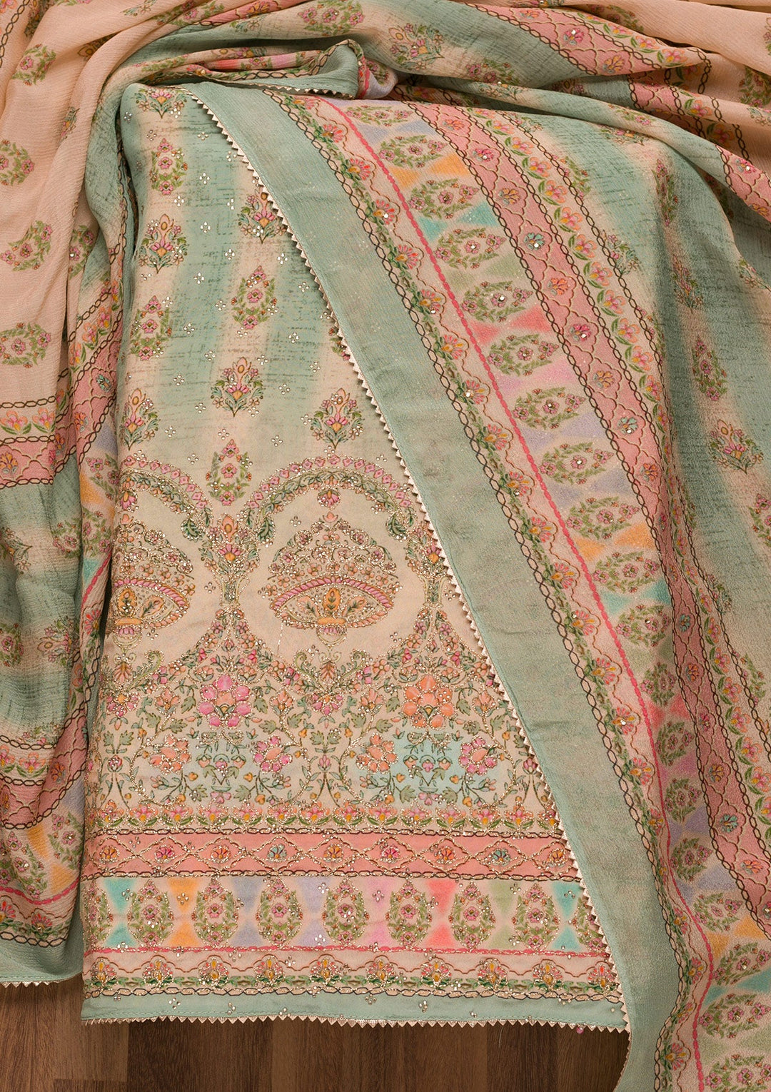 Pista Green Printed Crepe Unstitched Salwar Suit-Koskii