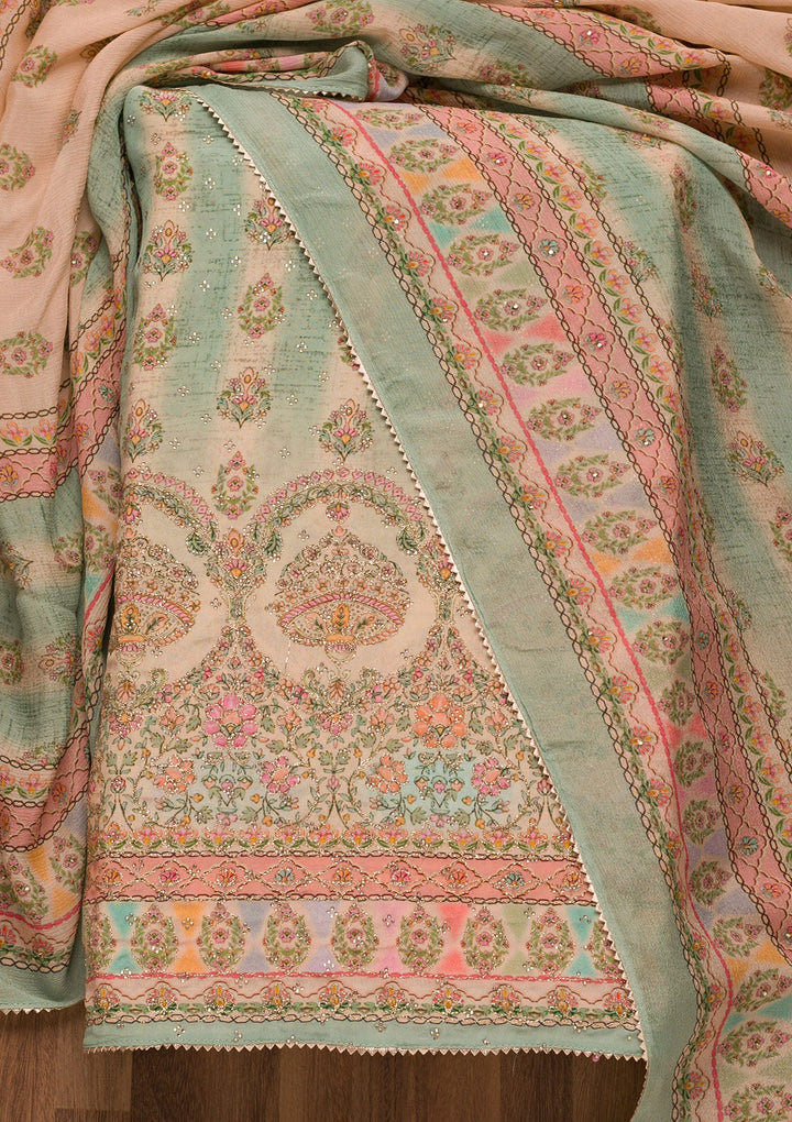 Pista Green Printed Crepe Unstitched Salwar Suit-Koskii