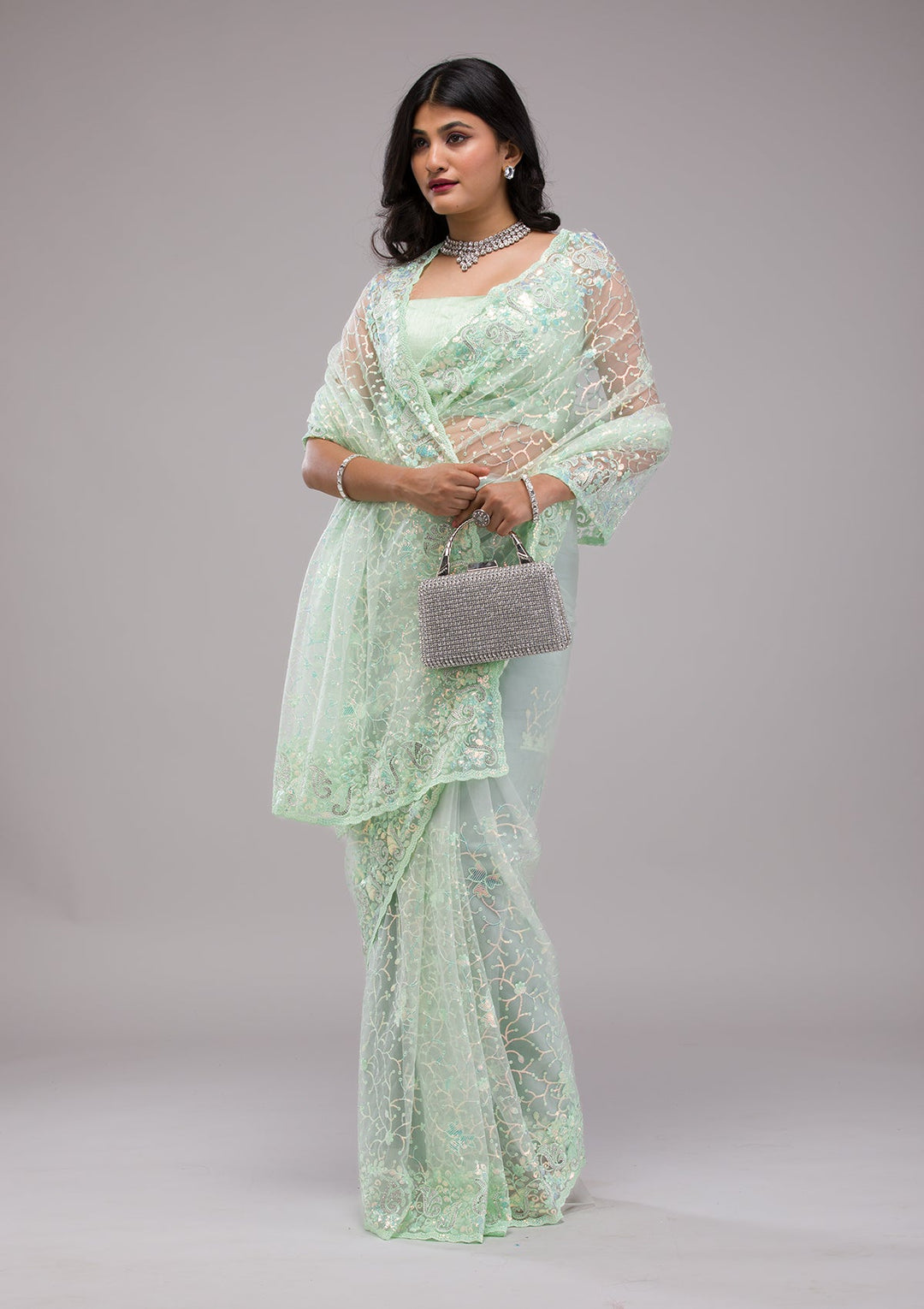 Pista Green Sequins Net Saree-Koskii