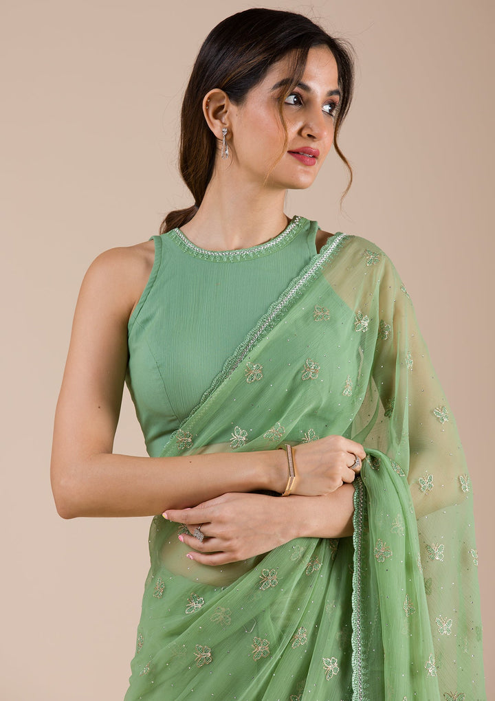 Pista Green Threadwork Chiffon Saree-Koskii