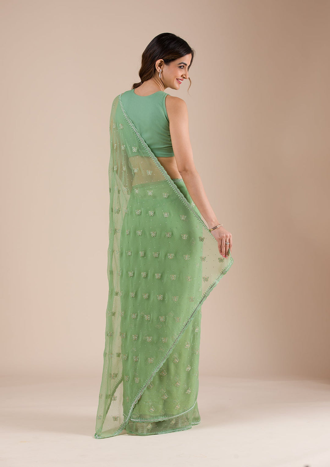 Pista Green Threadwork Chiffon Saree-Koskii