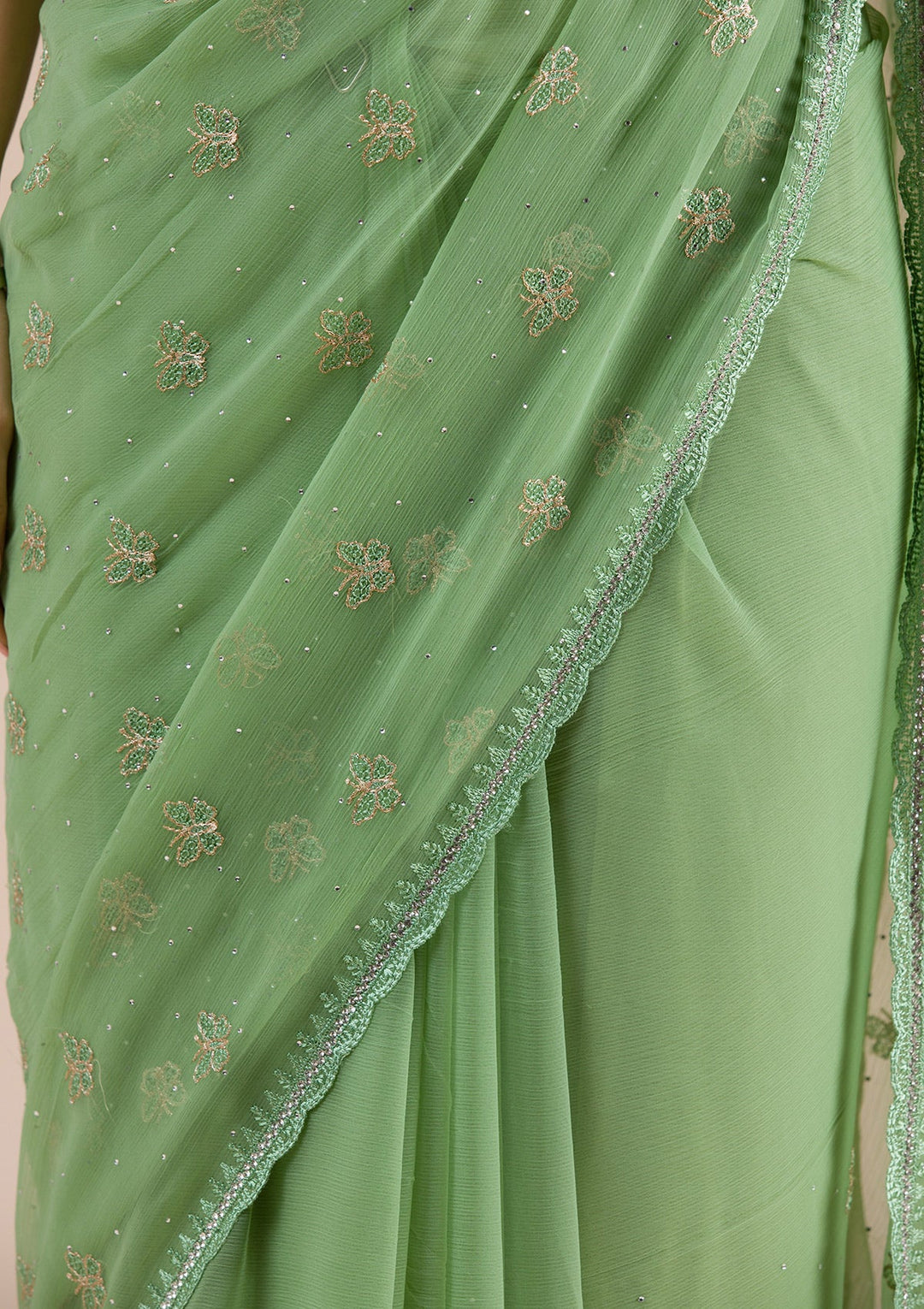 Pista Green Threadwork Chiffon Saree-Koskii