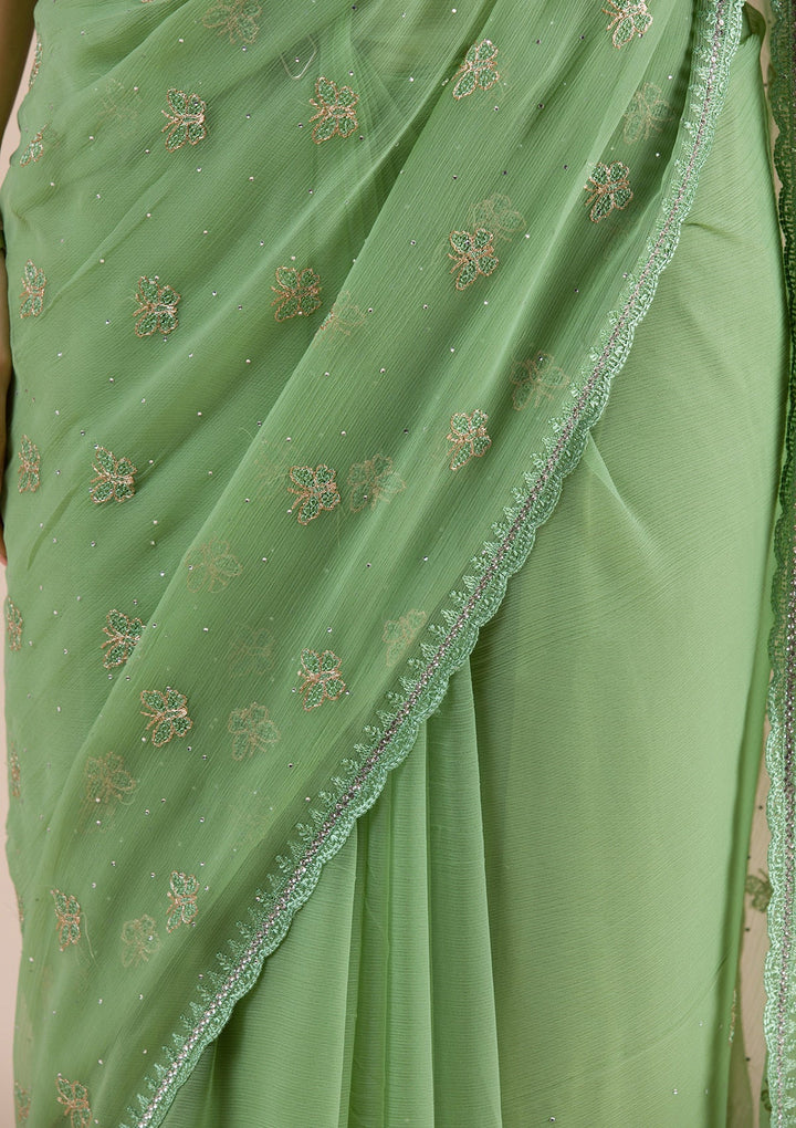 Pista Green Threadwork Chiffon Saree-Koskii