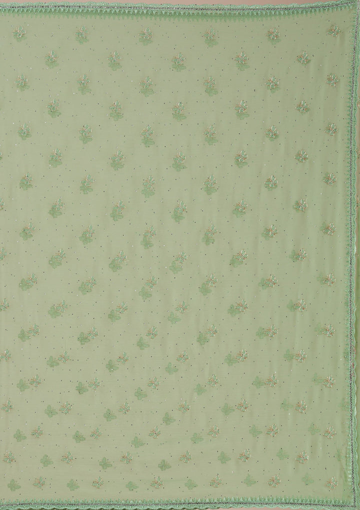 Pista Green Threadwork Chiffon Saree-Koskii