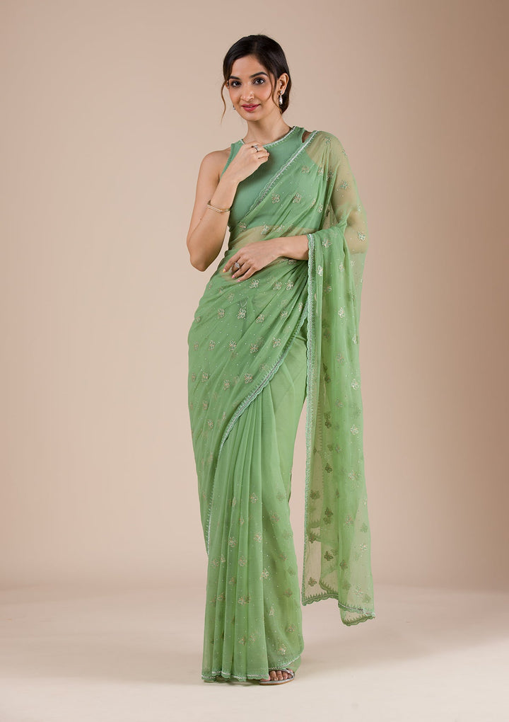 Pista Green Threadwork Chiffon Saree-Koskii