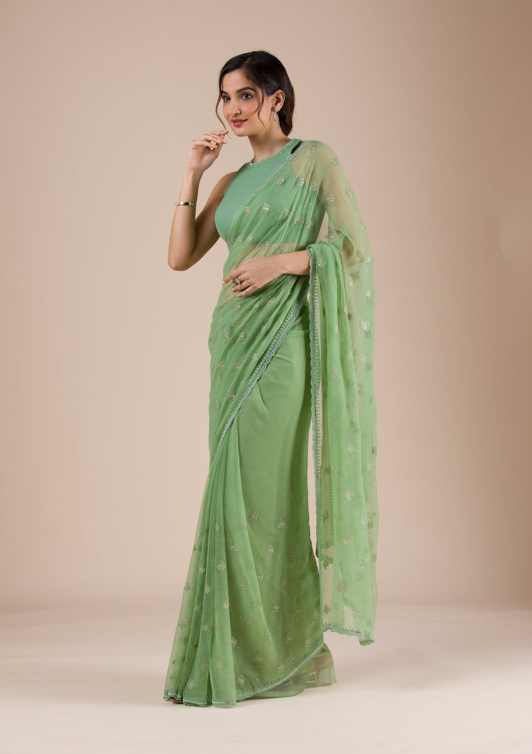 Pista Green Threadwork Chiffon Saree-Koskii