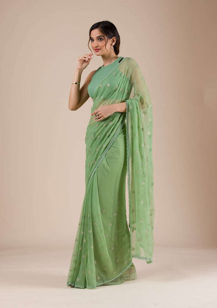 Pista Green Threadwork Chiffon Saree-Koskii