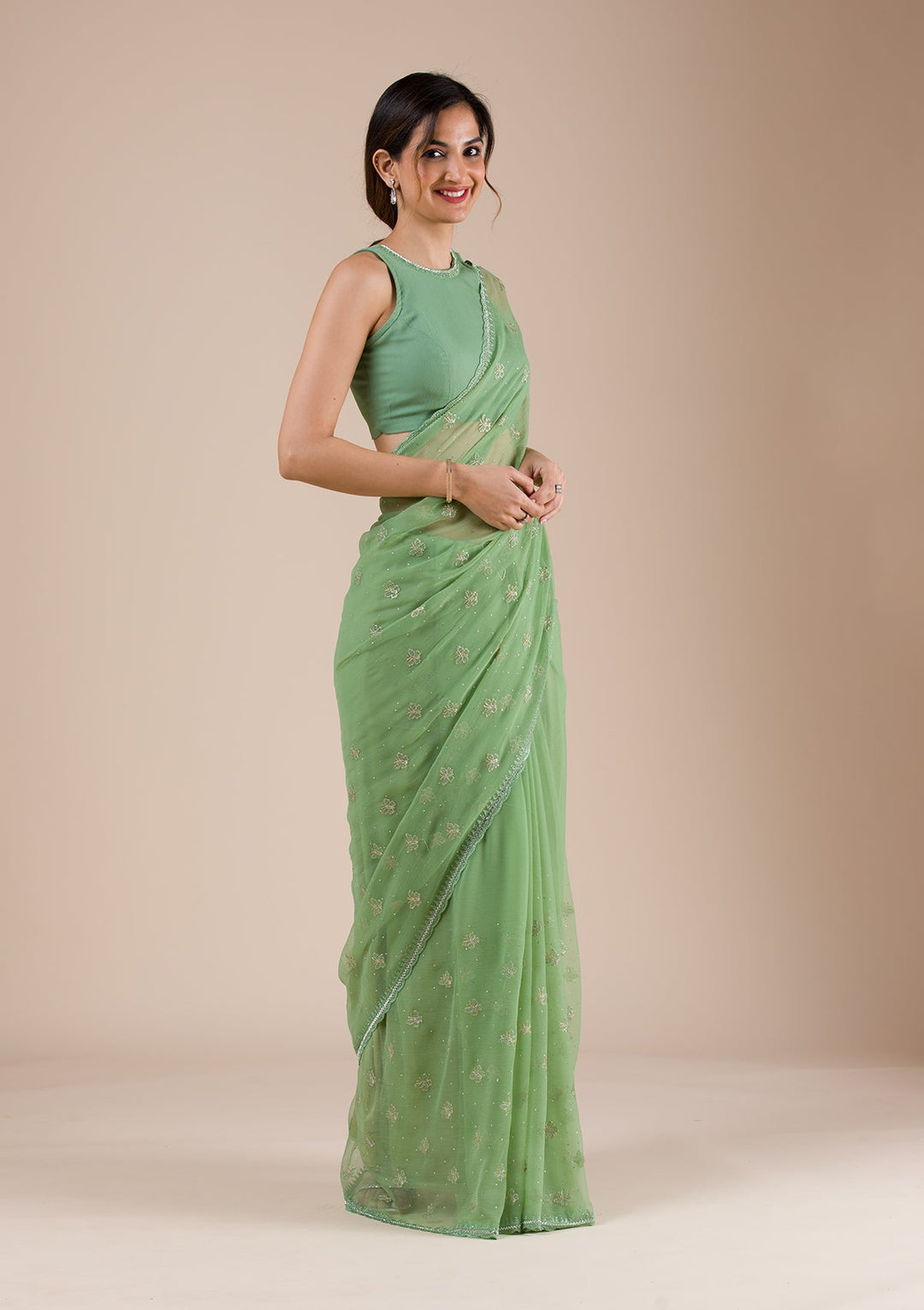Pista Green Threadwork Chiffon Saree-Koskii