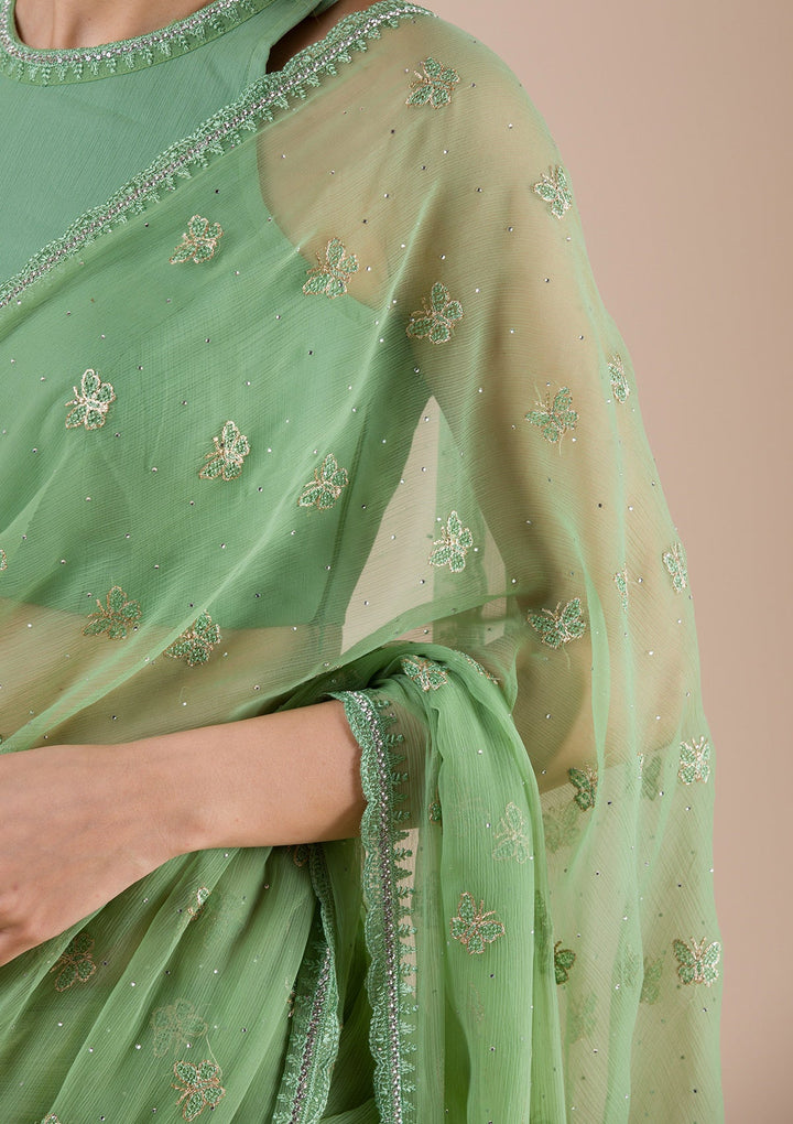 Pista Green Threadwork Chiffon Saree-Koskii