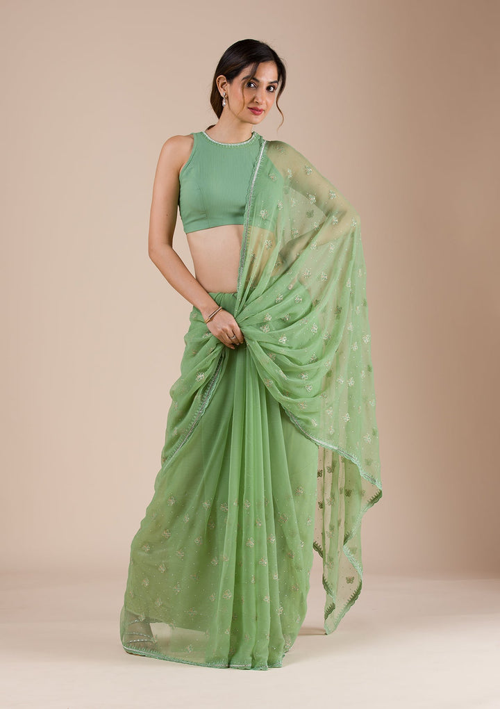 Pista Green Threadwork Chiffon Saree-Koskii