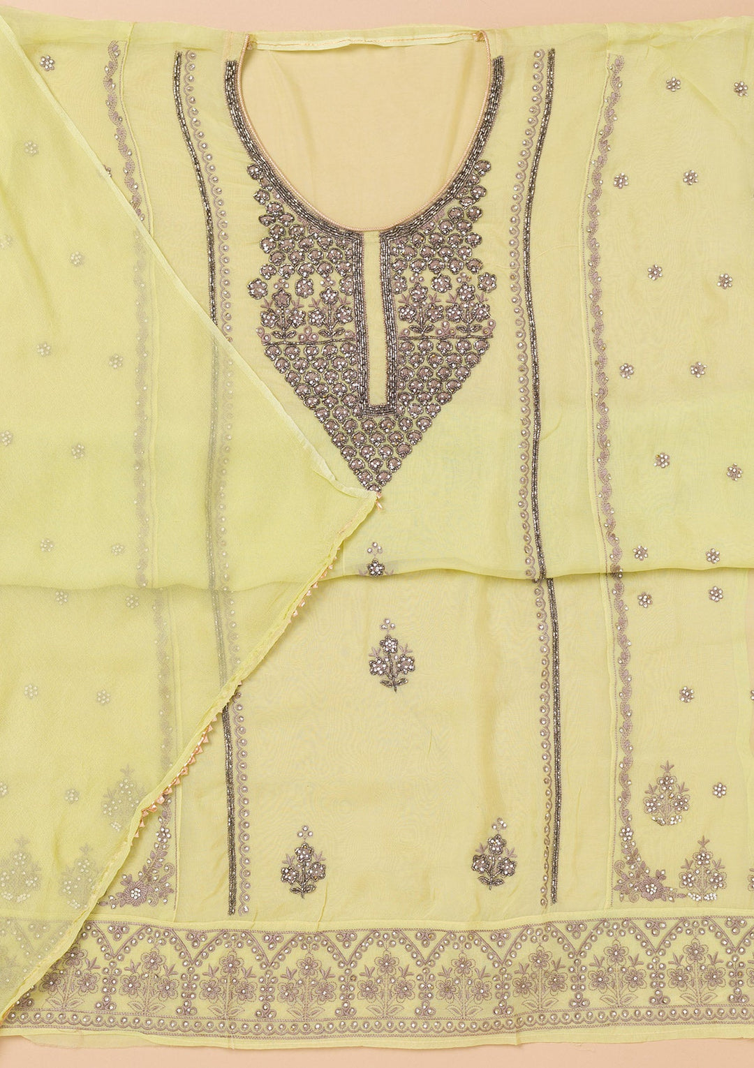 Pista Green Stonework Organza Unstitched Salwar Suit-Koskii