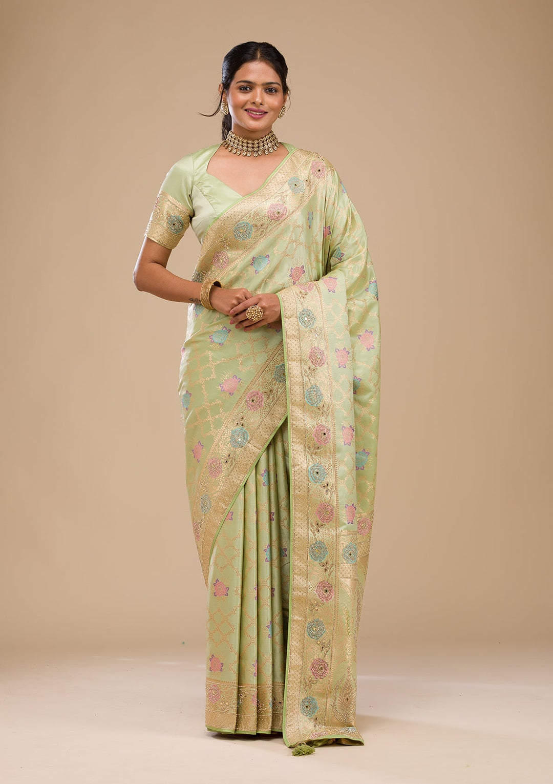 Pista Green Stonework Soft Silk Saree