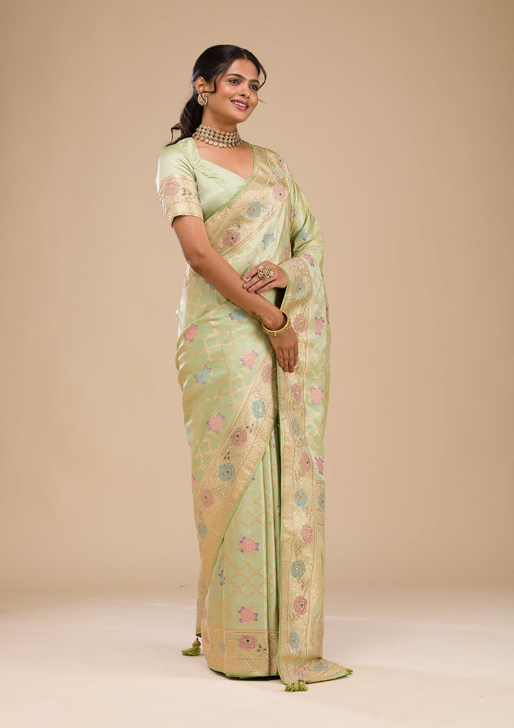 Pista Green Stonework Soft Silk Saree