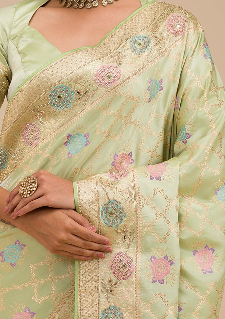 Pista Green Stonework Soft Silk Saree