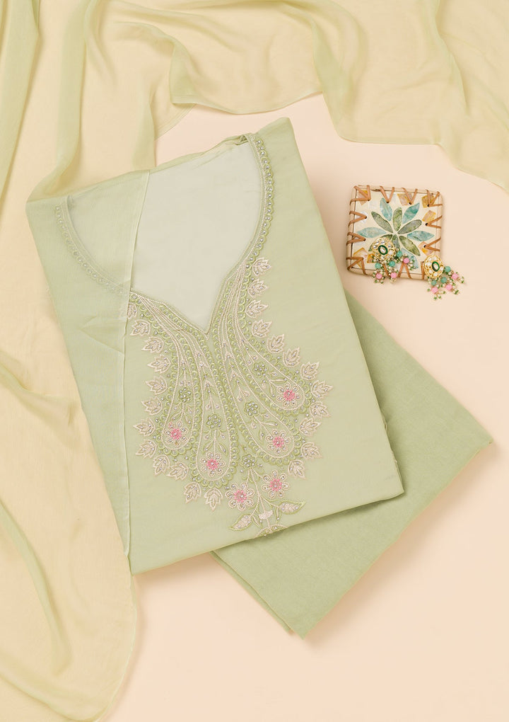 Pista Green Threadwork Organza Unstitched Salwar Suit-Koskii