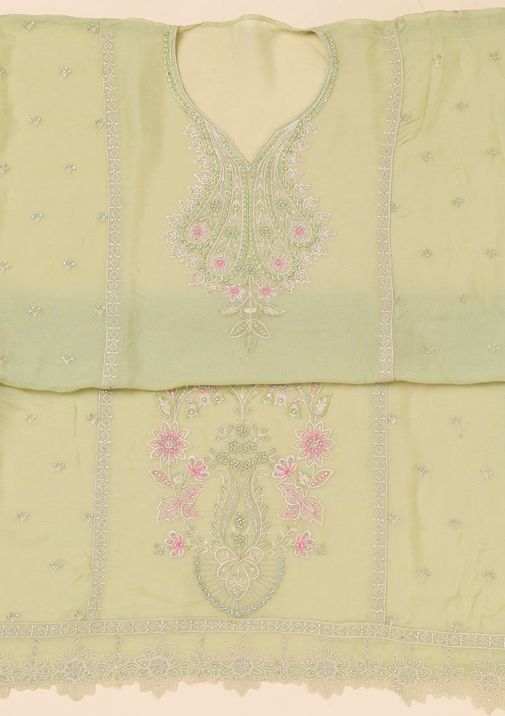 Pista Green Threadwork Organza Unstitched Salwar Suit-Koskii