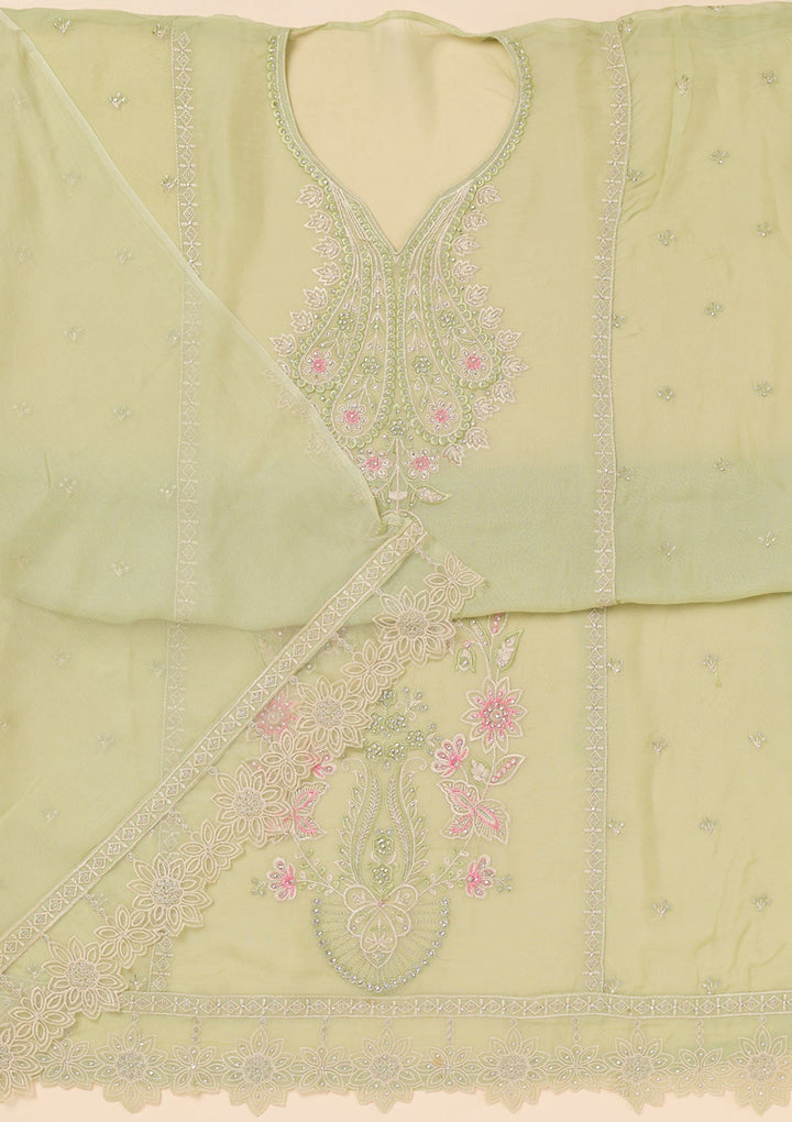 Pista Green Threadwork Organza Unstitched Salwar Suit-Koskii