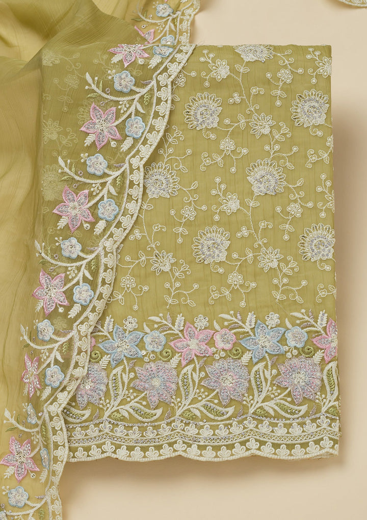 Pista Green Threadwork Chiffon Unstitched Salwar Suit-Koskii