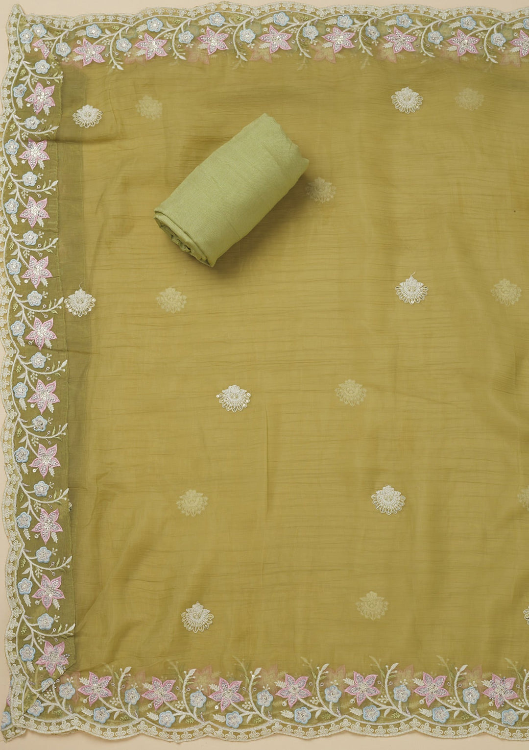 Pista Green Threadwork Chiffon Unstitched Salwar Suit-Koskii