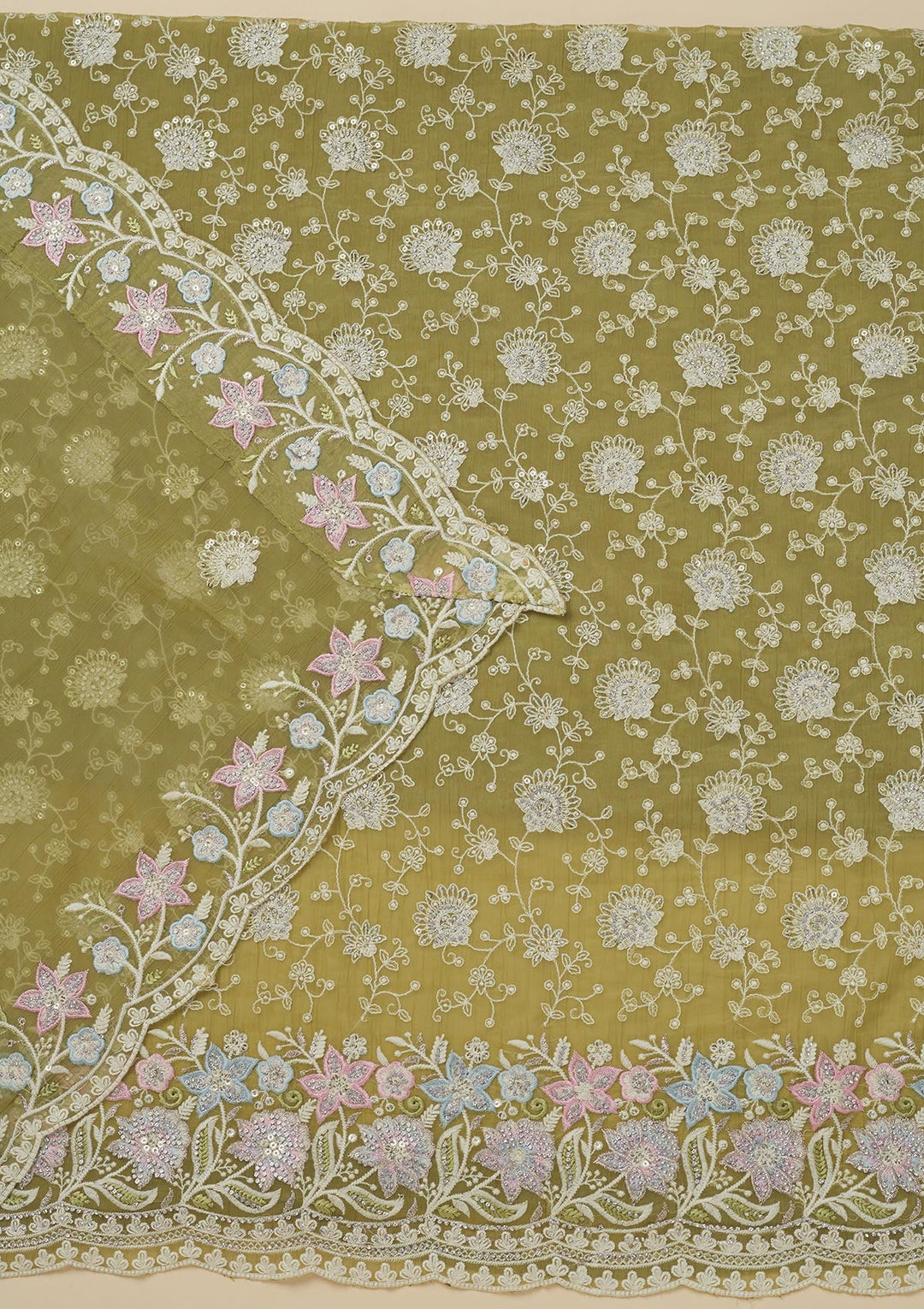 Pista Green Threadwork Chiffon Unstitched Salwar Suit-Koskii