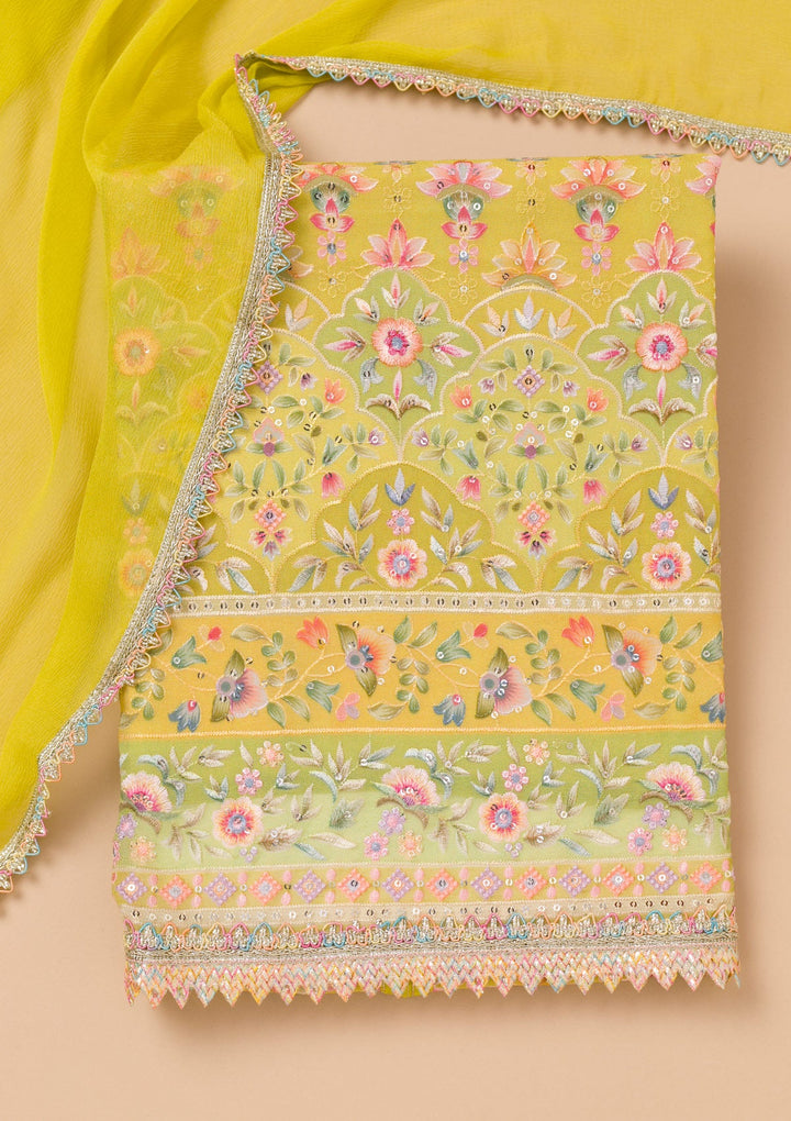 Pista Green Threadwork Georgette Unstitched Salwar Suit-Koskii