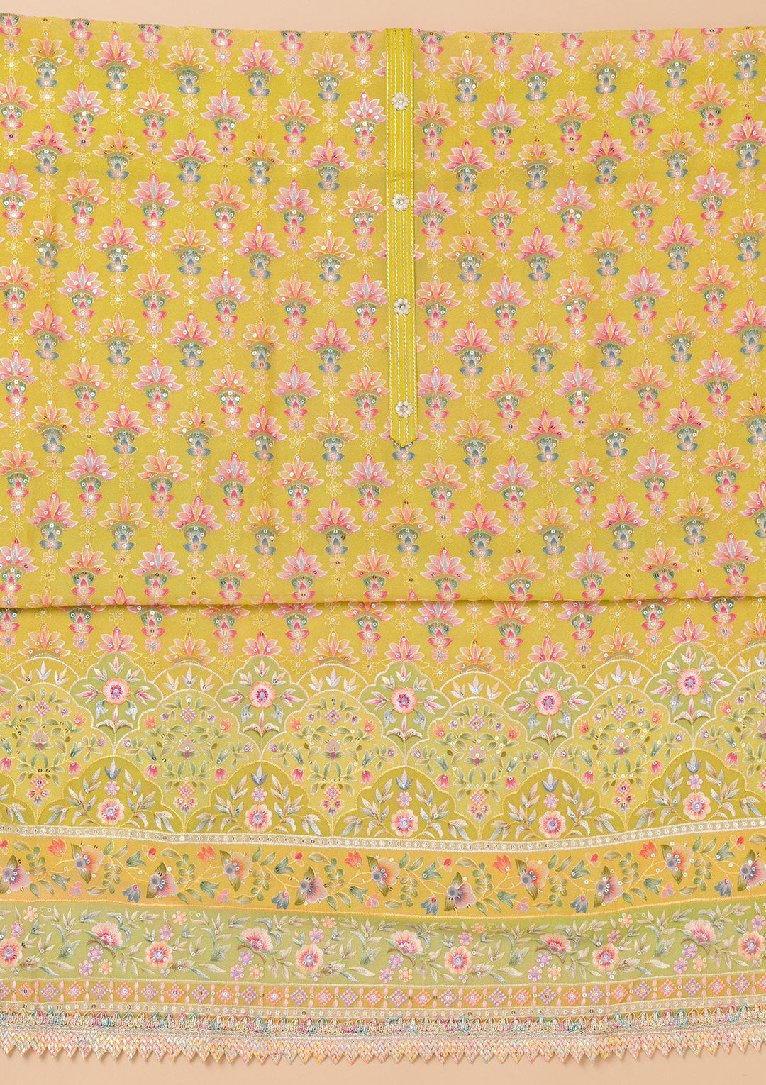 Pista Green Threadwork Georgette Unstitched Salwar Suit-Koskii