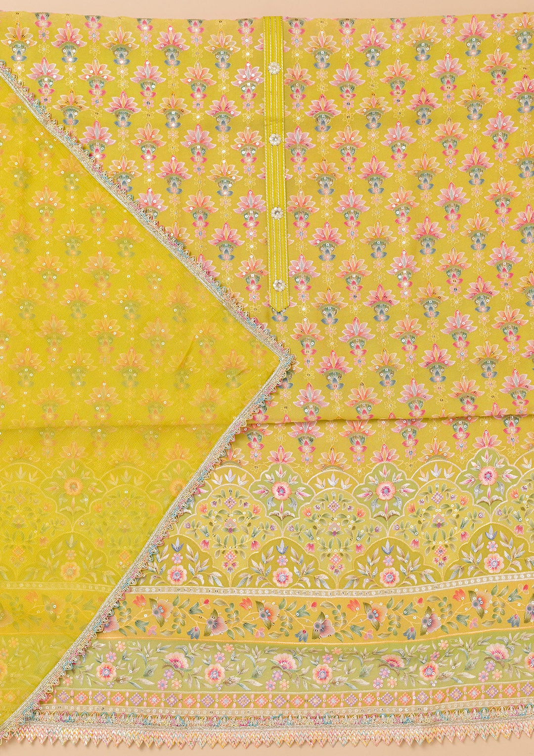 Pista Green Threadwork Georgette Unstitched Salwar Suit-Koskii