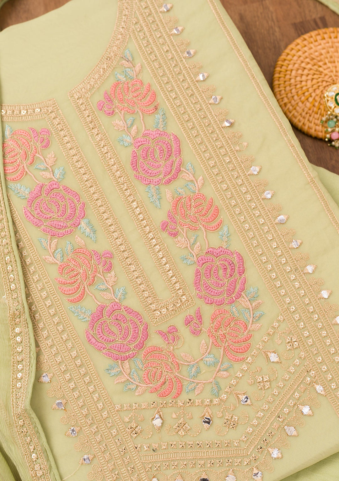 Pista Green Threadwork Georgette Unstitched Salwar Suit-Koskii