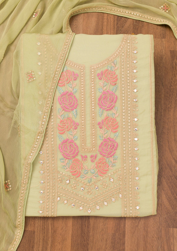 Pista Green Threadwork Georgette Unstitched Salwar Suit-Koskii