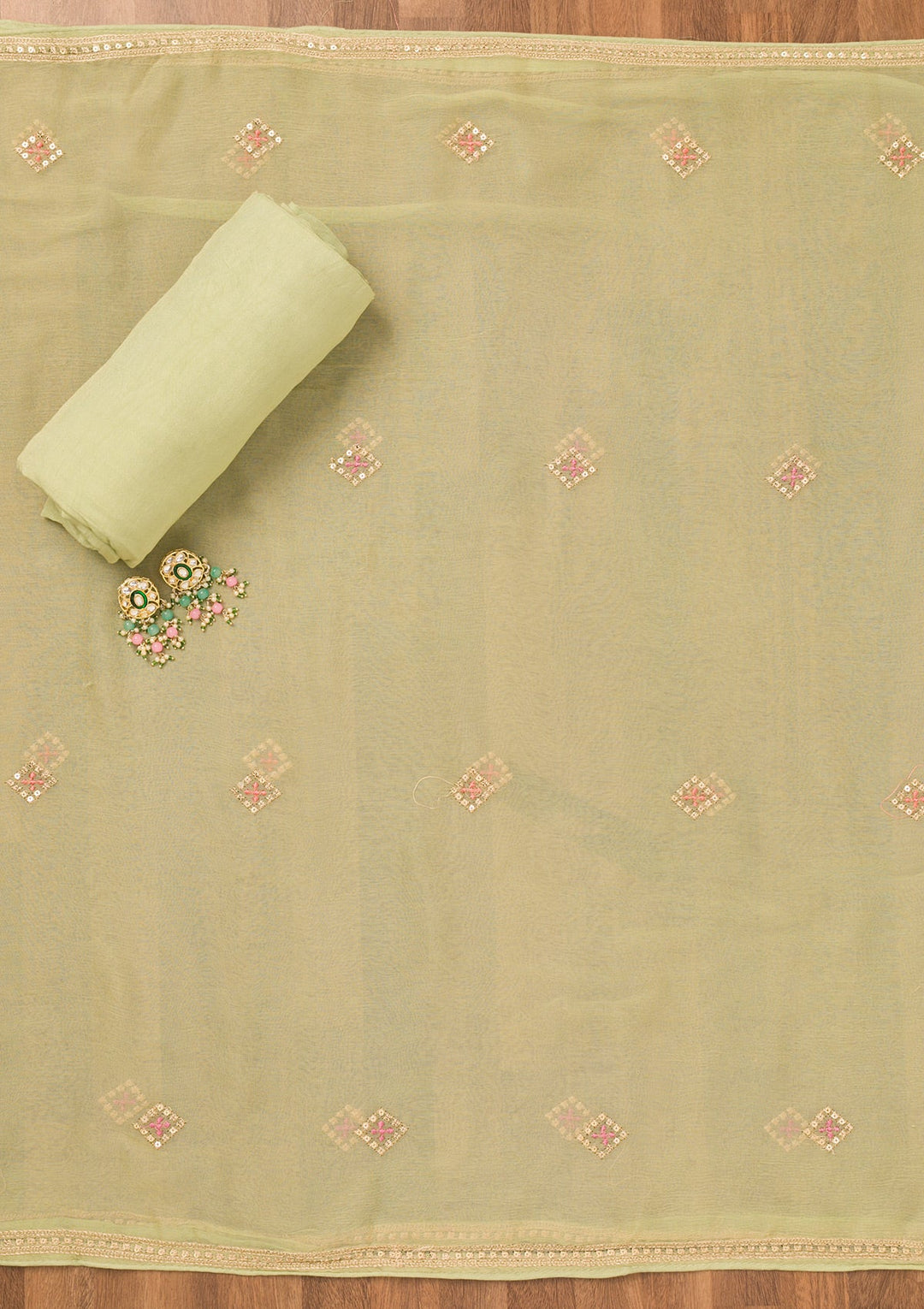 Pista Green Threadwork Georgette Unstitched Salwar Suit-Koskii