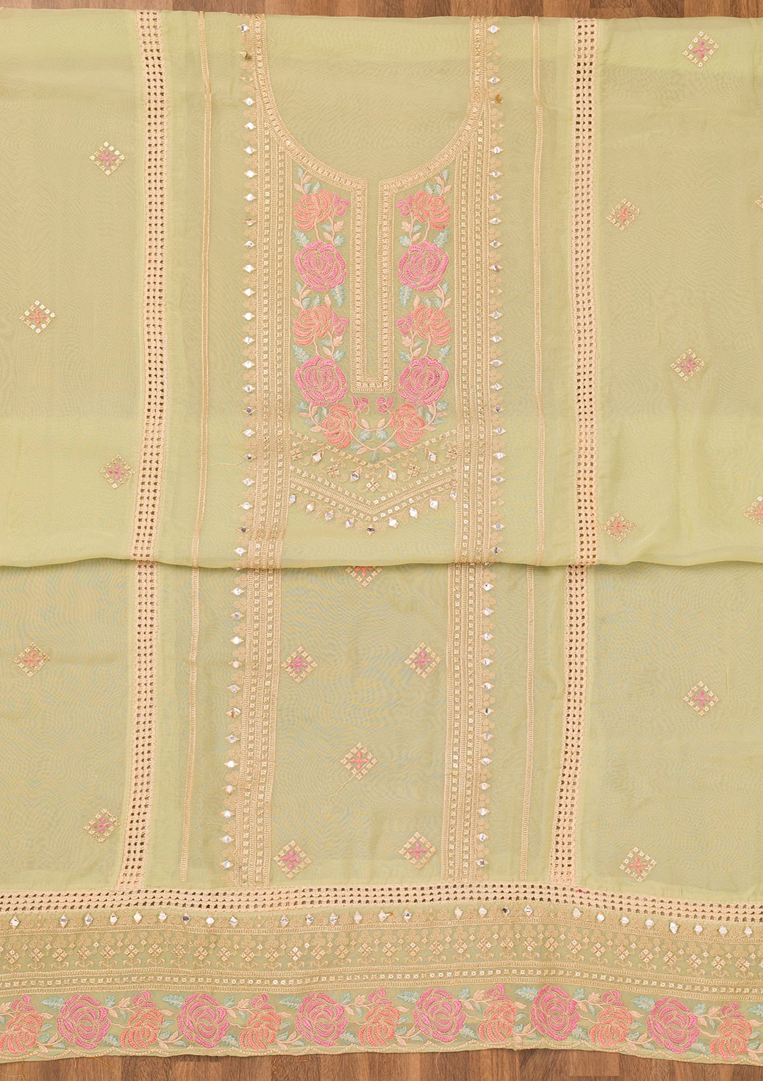 Pista Green Threadwork Georgette Unstitched Salwar Suit-Koskii