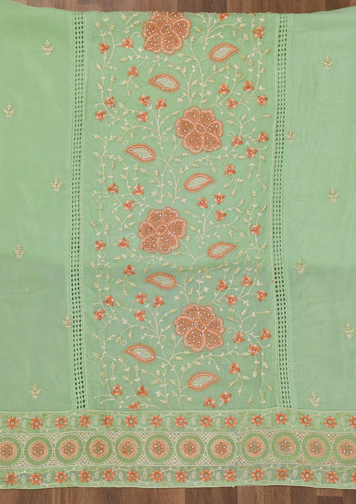 Pista Green Threadwork Georgette Unstitched Salwar Suit-Koskii
