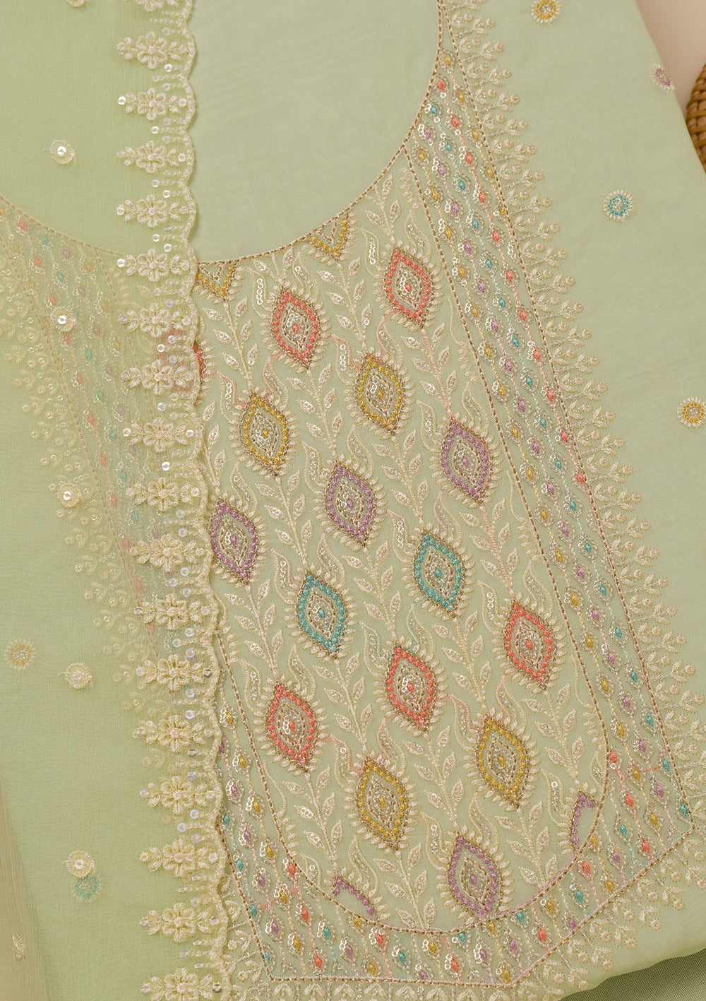 Pista Green Threadwork Georgette Unstitched Salwar Suit-Koskii