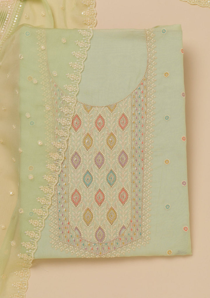 Pista Green Threadwork Georgette Unstitched Salwar Suit-Koskii