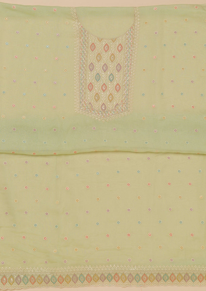 Pista Green Threadwork Georgette Unstitched Salwar Suit-Koskii