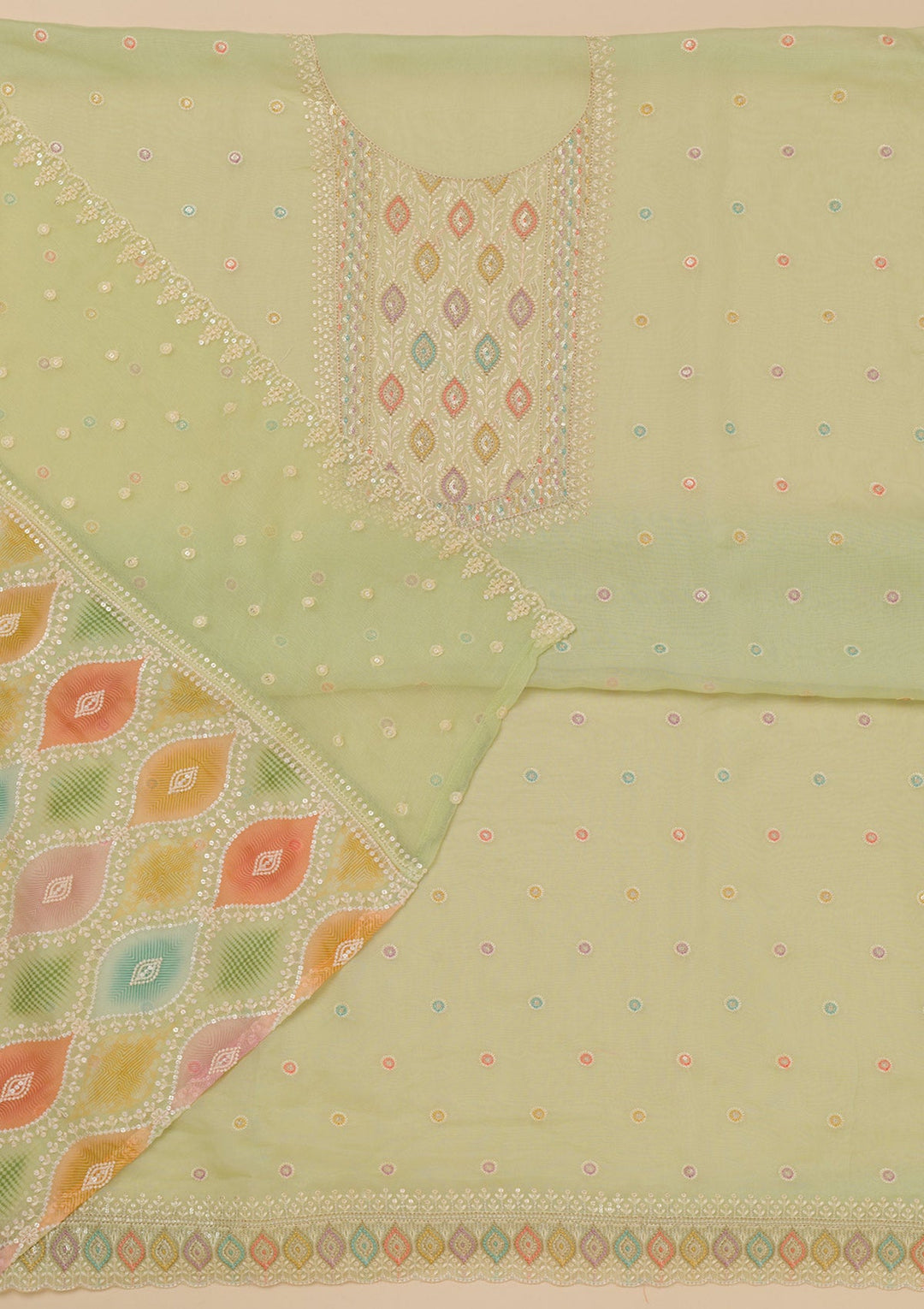 Pista Green Threadwork Georgette Unstitched Salwar Suit-Koskii