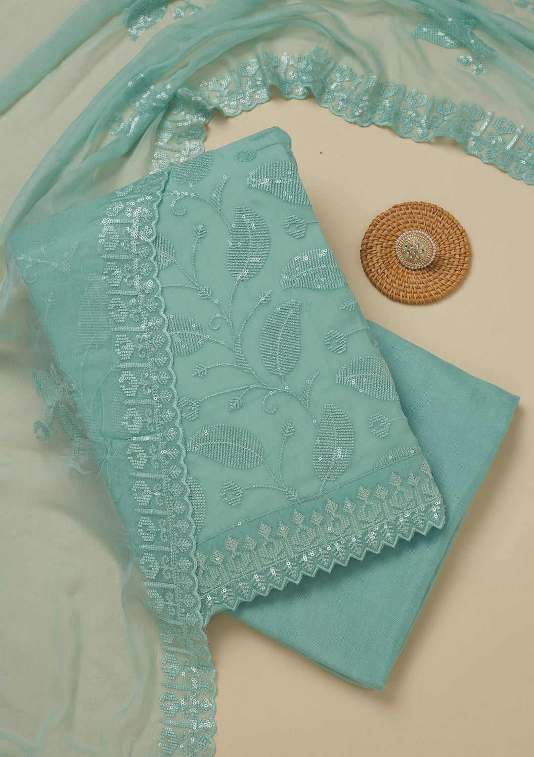 Pista Green Threadwork Organza Unstitched Salwar Suit-Koskii