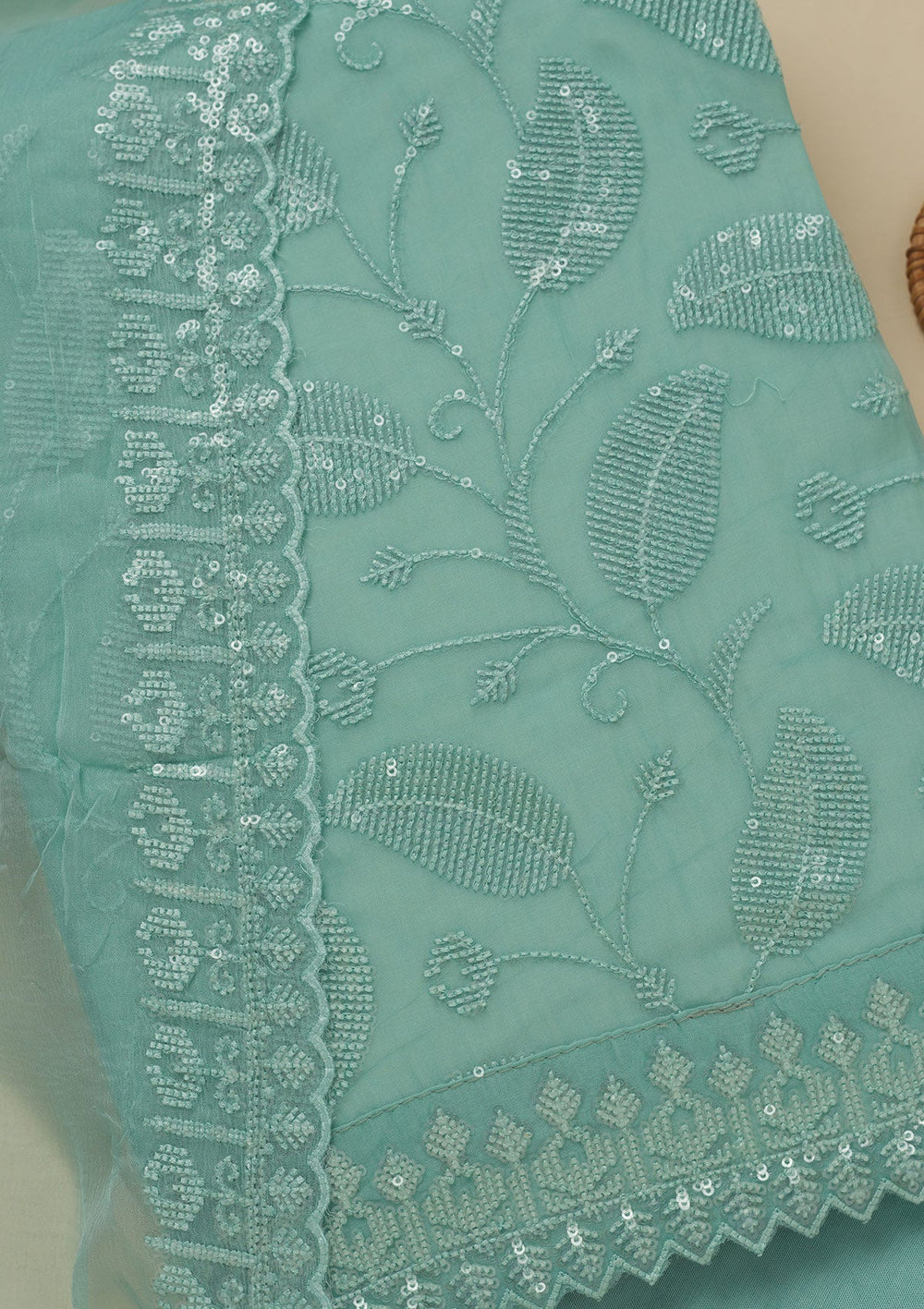 Pista Green Threadwork Organza Unstitched Salwar Suit-Koskii