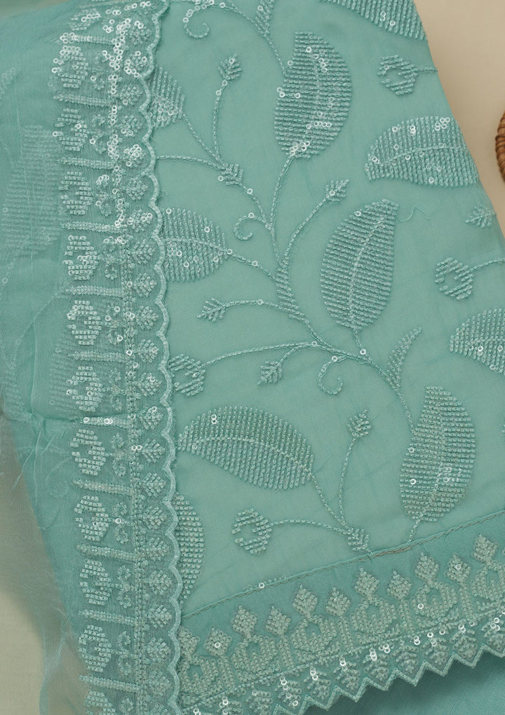 Pista Green Threadwork Organza Unstitched Salwar Suit-Koskii