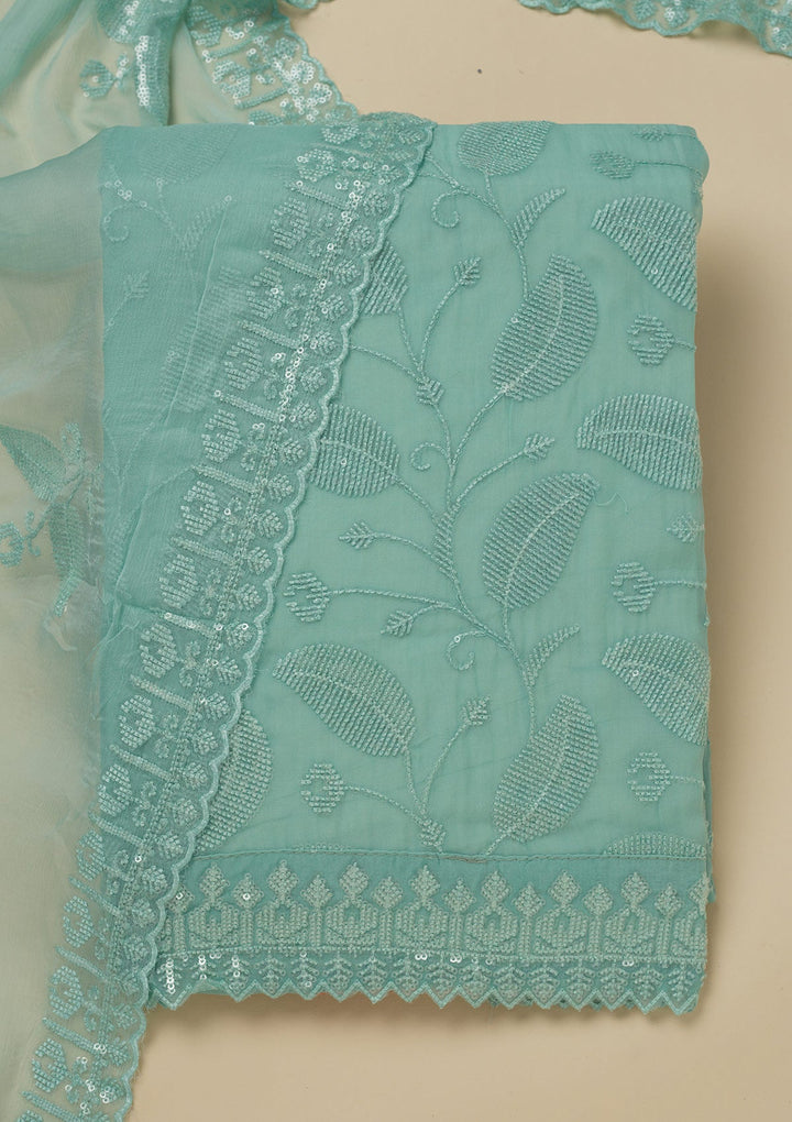 Pista Green Threadwork Organza Unstitched Salwar Suit-Koskii