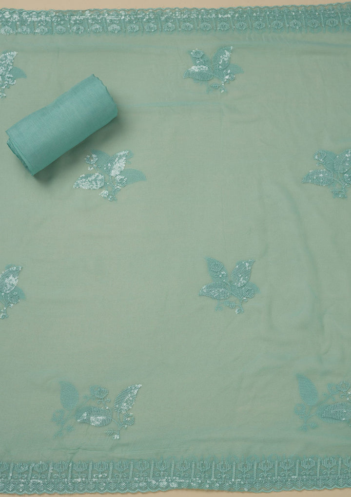 Pista Green Threadwork Organza Unstitched Salwar Suit-Koskii