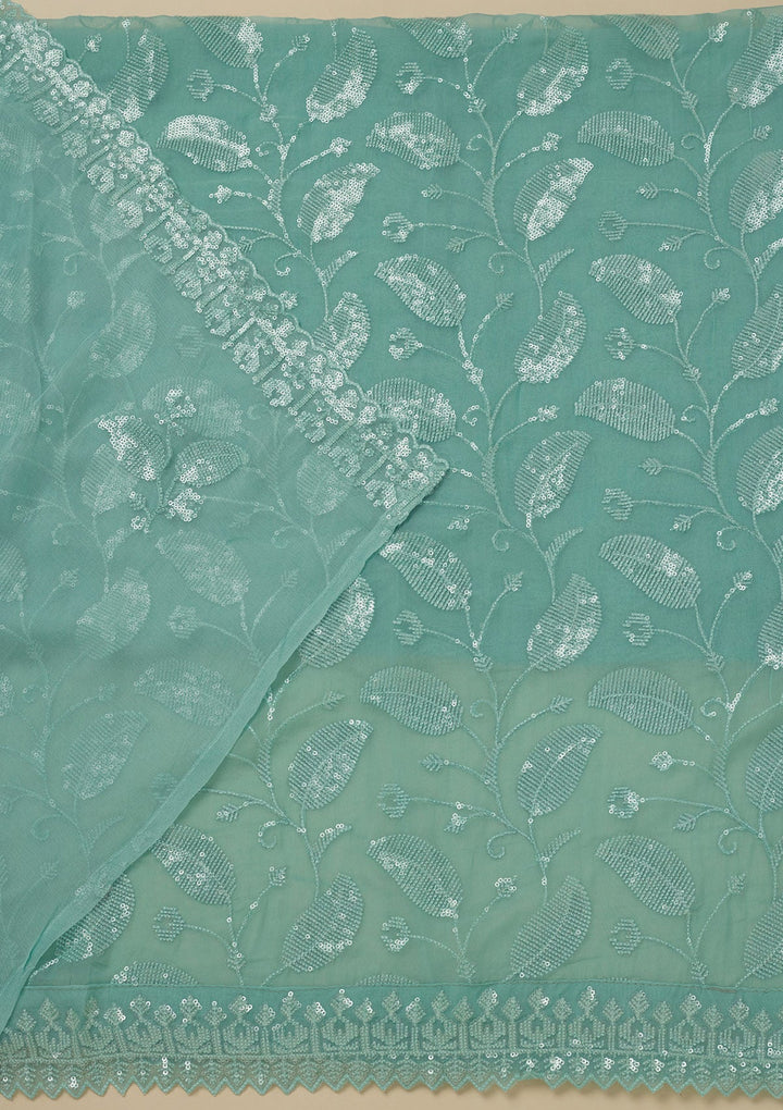 Pista Green Threadwork Organza Unstitched Salwar Suit-Koskii