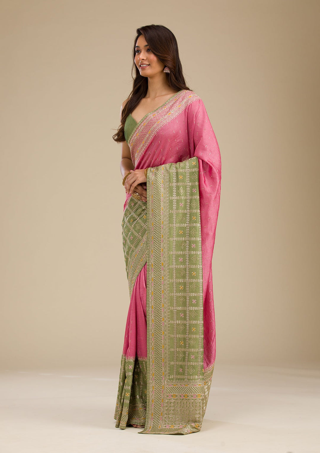 Pista Green Threadwork Soft Silk Saree-Koskii