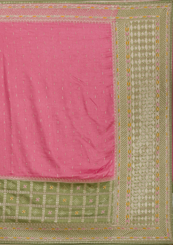 Pista Green Threadwork Soft Silk Saree-Koskii