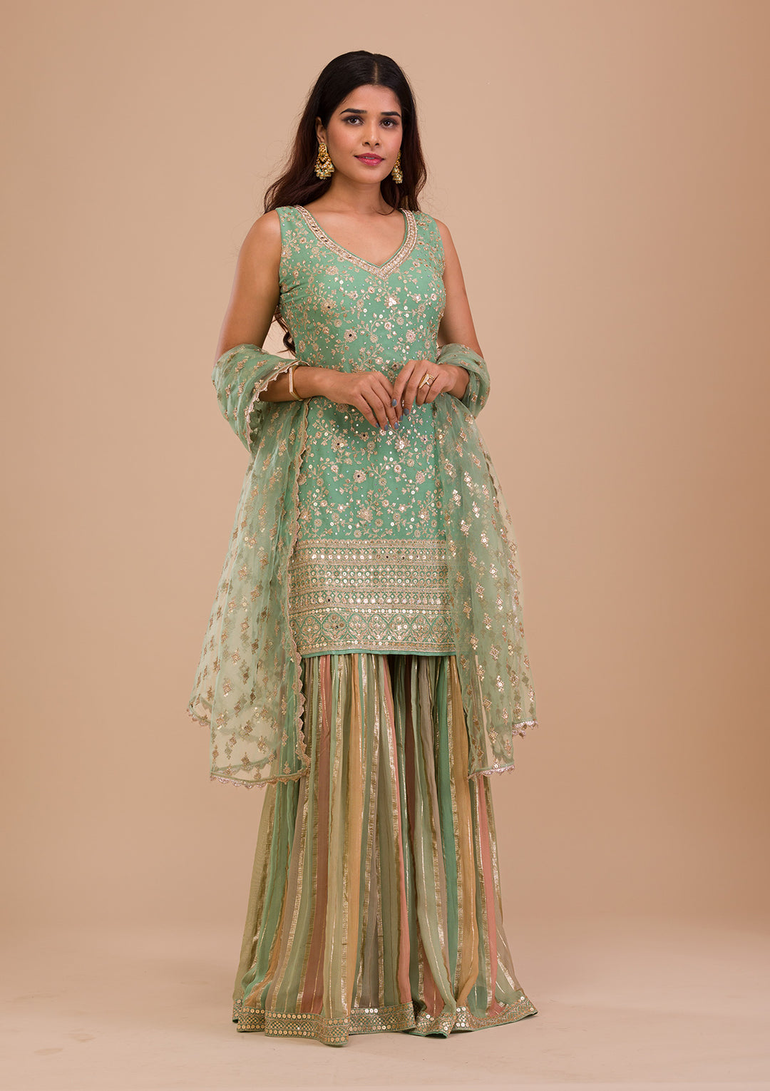 Pista Green Zariwork Georgette Readymade Salwar Kameez-Koskii