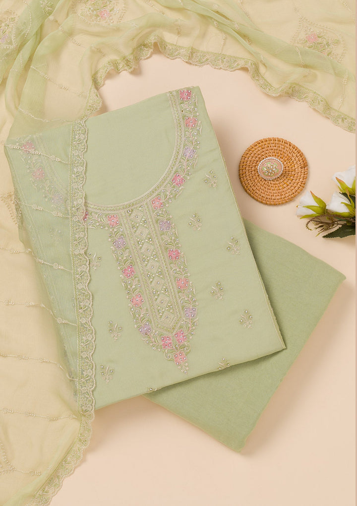 Pista Green Zariwork Georgette Unstitched Salwar Suit-Koskii