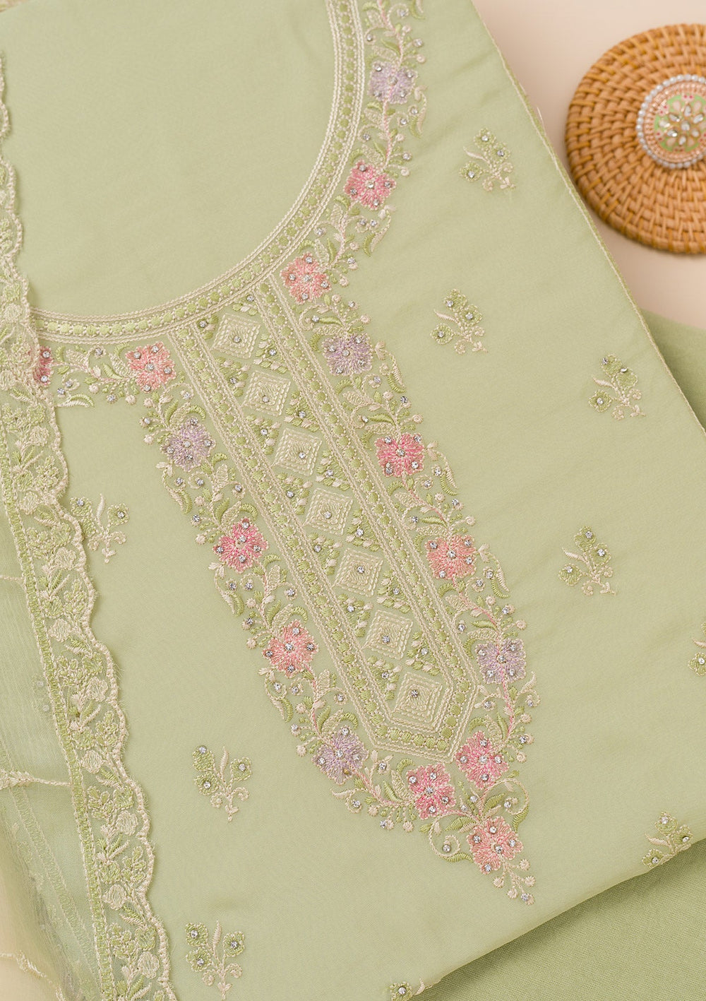 Pista Green Zariwork Georgette Unstitched Salwar Suit-Koskii