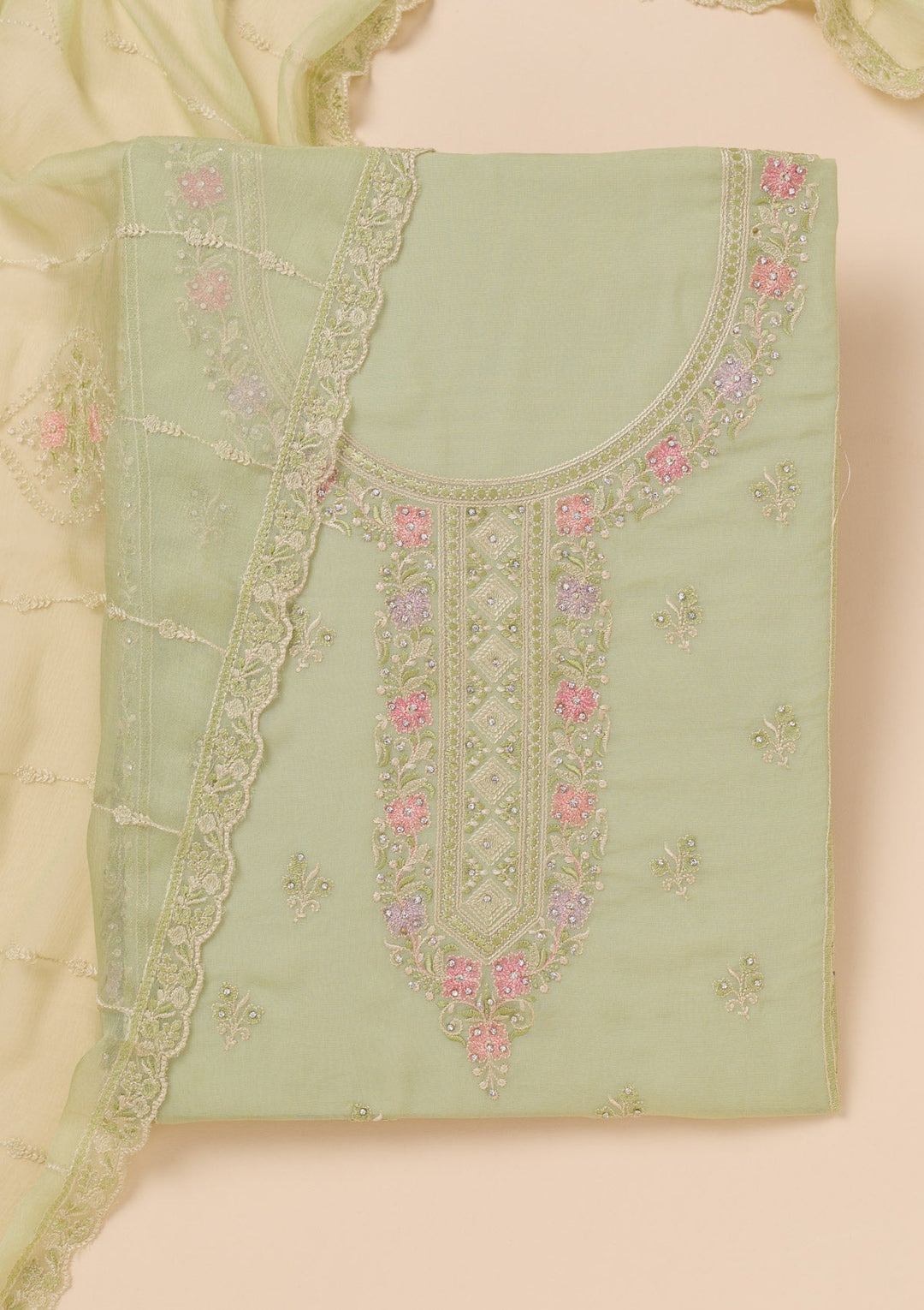 Pista Green Zariwork Georgette Unstitched Salwar Suit-Koskii