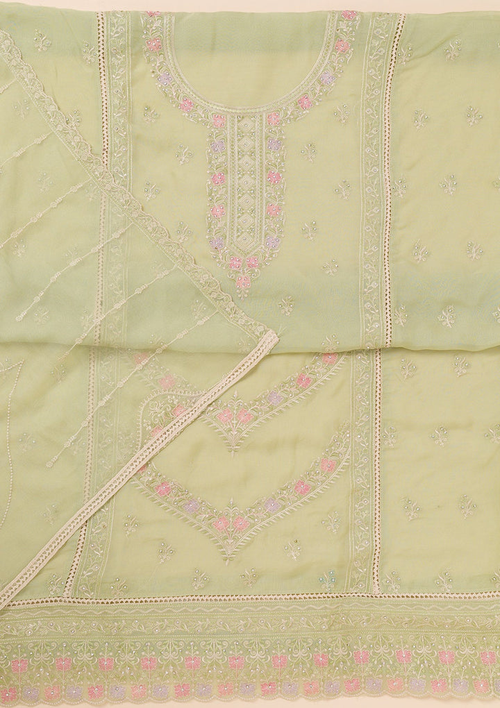 Pista Green Zariwork Georgette Unstitched Salwar Suit-Koskii